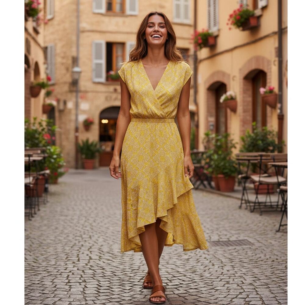 Maeve Fete Dress Womens S Midi Anthropologie Spring Floral Stretch Cinch Waist